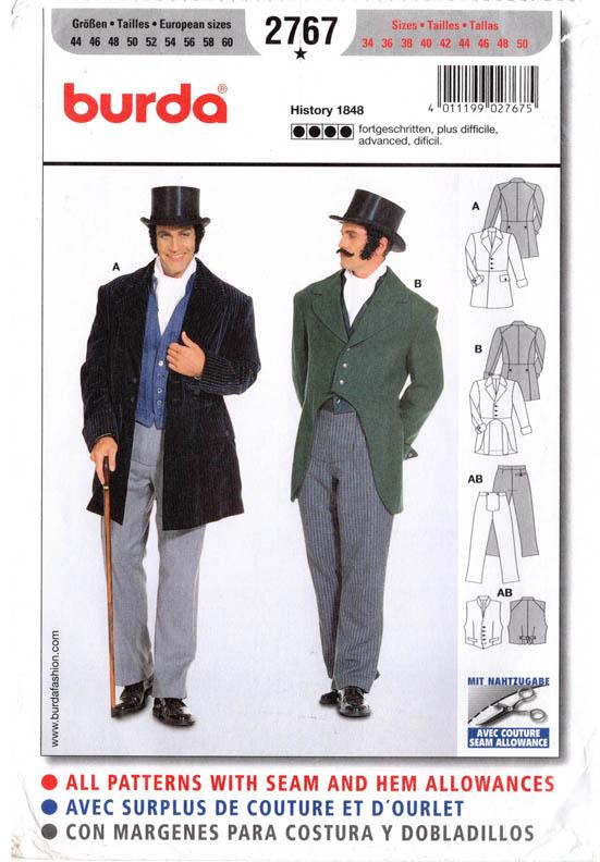 VICTORIAN JACKET, CUT-AWAY, VEST, FALL-FRONT TROUSERS & CRAVAT – Burda 2767, Men’s 34-50