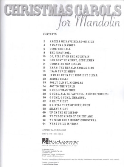 Christmas Carols for Mandolin (contents)
