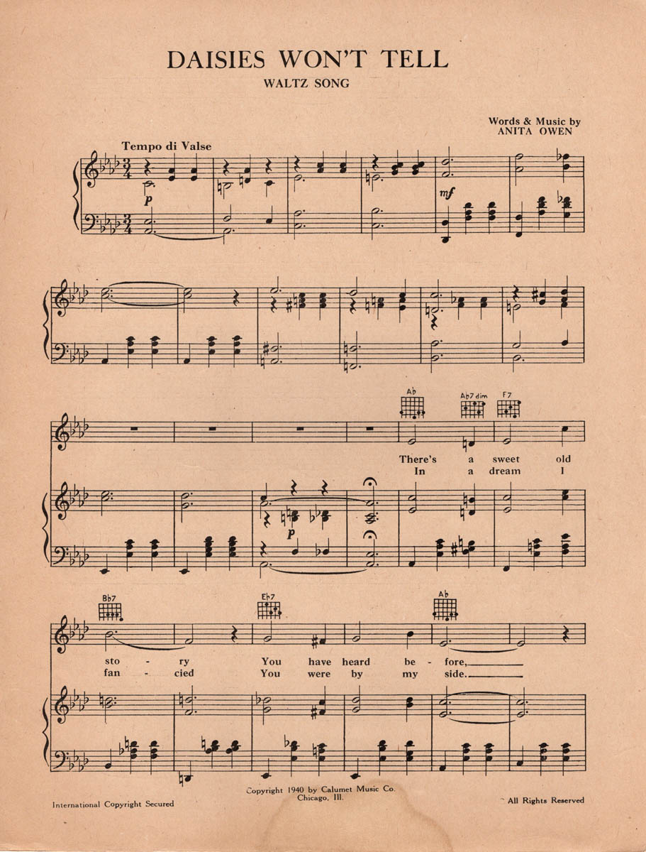 DAISIES WON'T TELL Anita Owen, 1940 Song w/ Hawaiian Guitar
