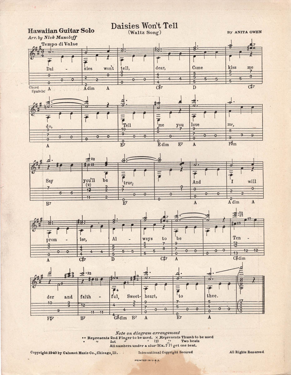 DAISIES WON'T TELL Anita Owen, 1940 Song w/ Hawaiian Guitar