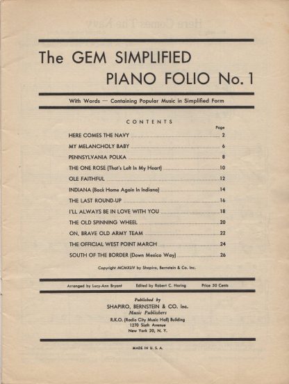 The Gem Simplified Piano Folio No. 1 (contents)