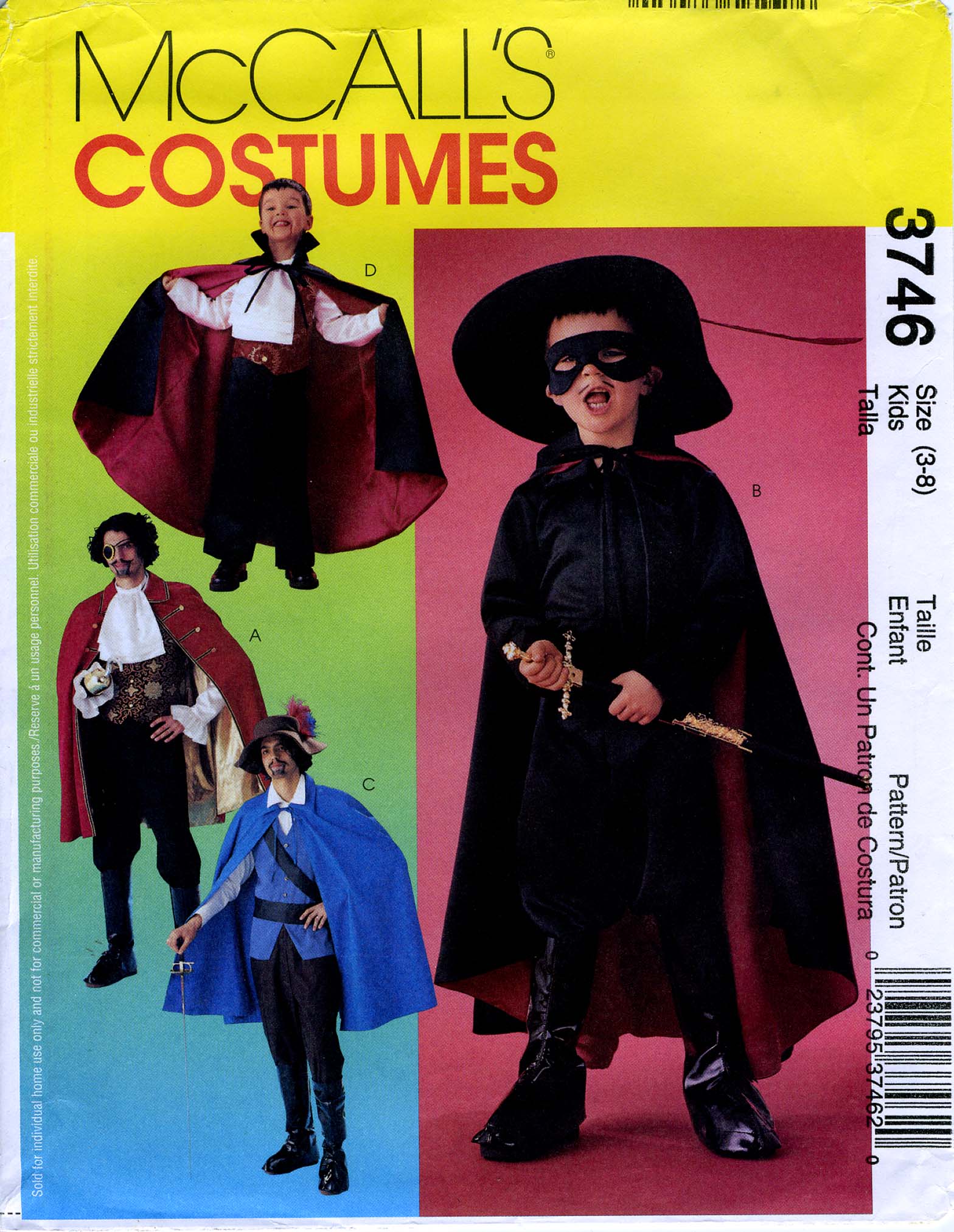 6689 UNCUT Vintage McCalls SEWING Pattern Boys Men Halloween ZORRO Costume cape