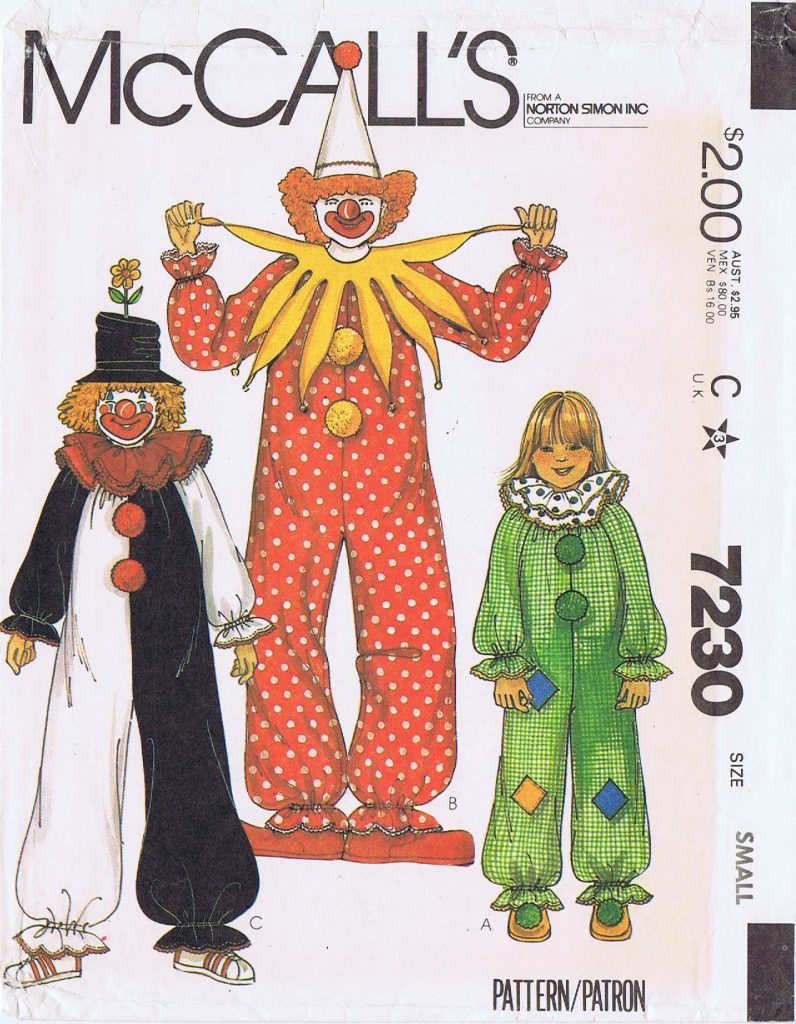 CLOWN COSTUME PATTERNS McCall's 7230, Adult Small or Medium