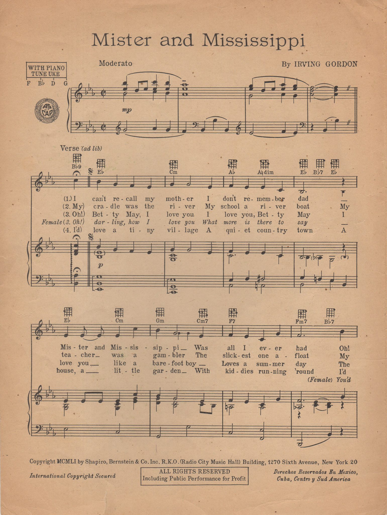 MISTER AND MISSISSIPPI Irving Gordon, 1951 Sheet Music