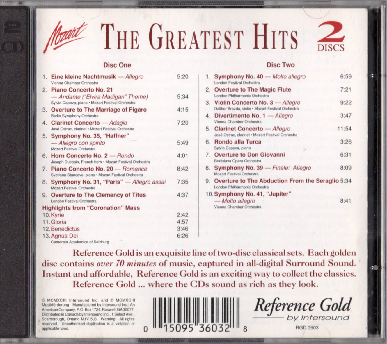 MOZART: THE GREATEST HITS - 1993 Double Disc CD