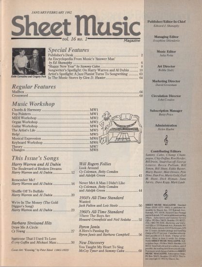Sheet Music Magazine - January/February 1992, contents