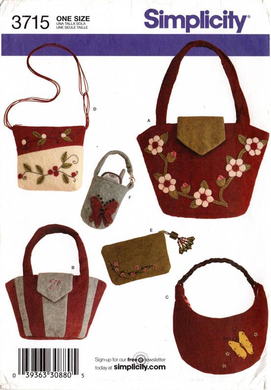 WASHED FELT BAGS, PURSES, CLUTCH, POUCH – Simplicity 3715, New/Uncut