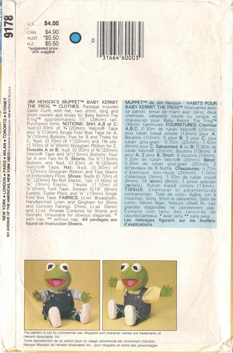 BABY KERMIT CLOTHES Vogue 9178, Uncut